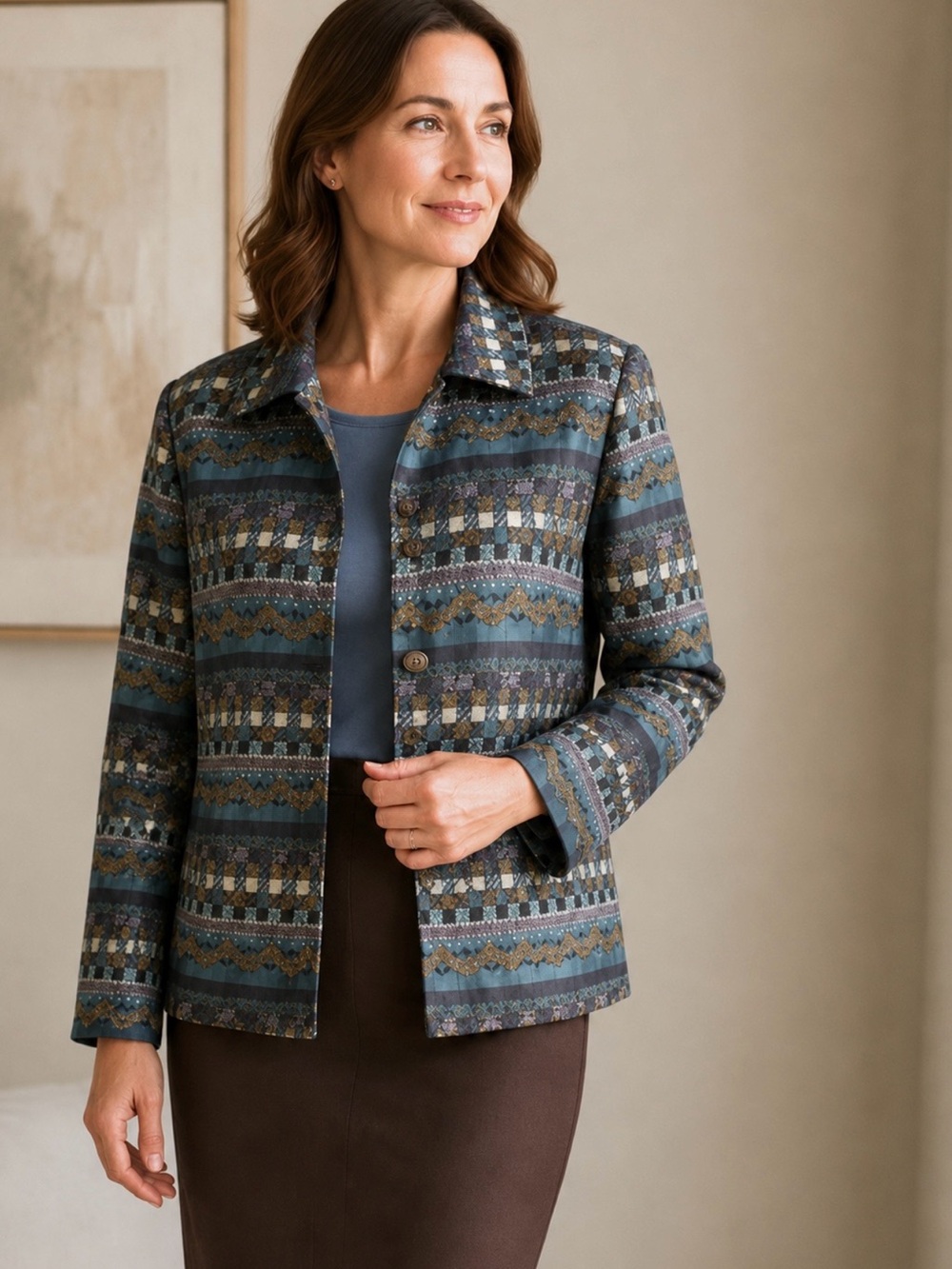 Vintage 90s Blue Brown Turquoise Geometric Textured Button Front Jacket
